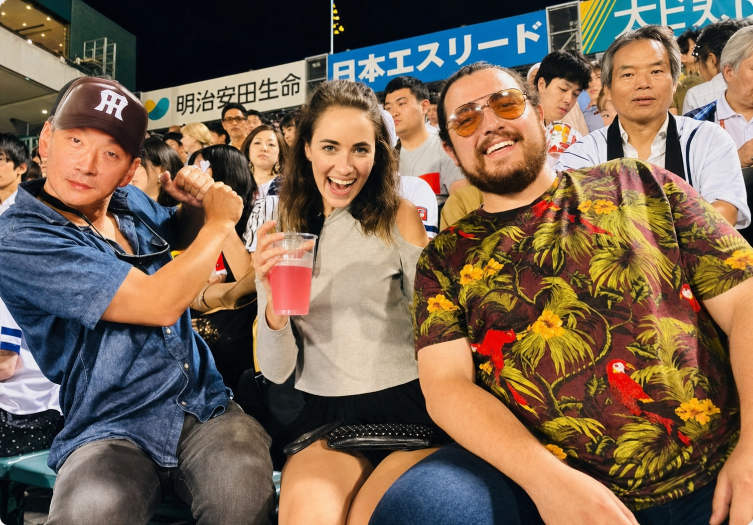 Guests attending a Tokyo sports match with a local fan